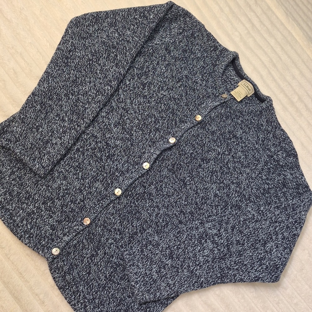 L.L.Bean Heavyweight Button Up Cardigan Sweater Womens M Navy Heathered Cabin...